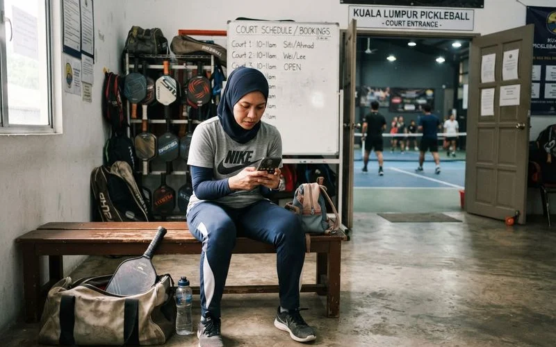 A player checking recent reviews and photos on a phone before booking an indoor pickleball court