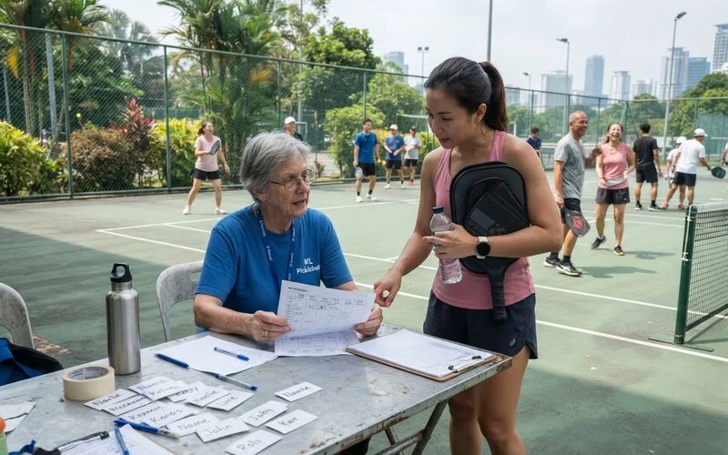 A group of first-time competitors checking the match schedule board at a pickleball tournament check-in table before their opening match