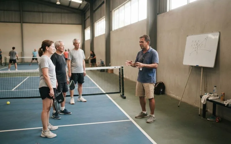 A pickleball coach guiding a small group of beginner students through a drill on an indoor court