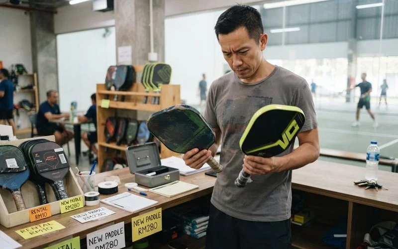 A player comparing a rented house paddle against their own newly purchased paddle before a session
