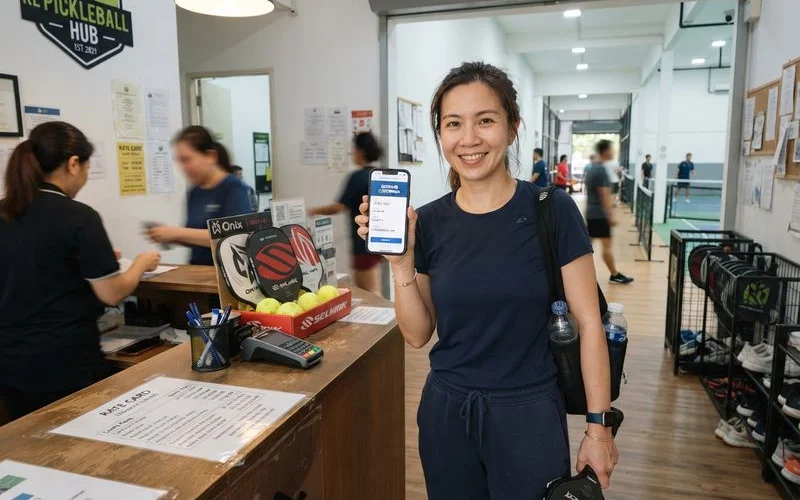 A player using a phone to complete a pickleball court booking confirmation while standing near the entrance of a court