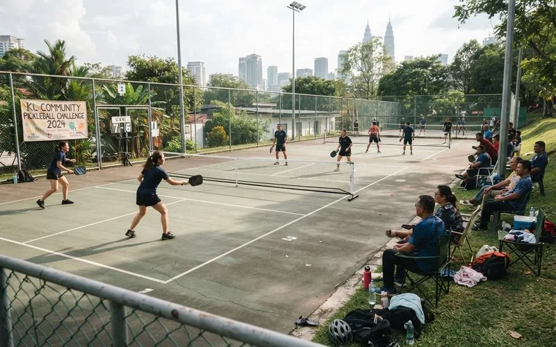 A group of corporate colleagues playing pickleball together across several courts at a Kuala Lumpur multi-sport venue
