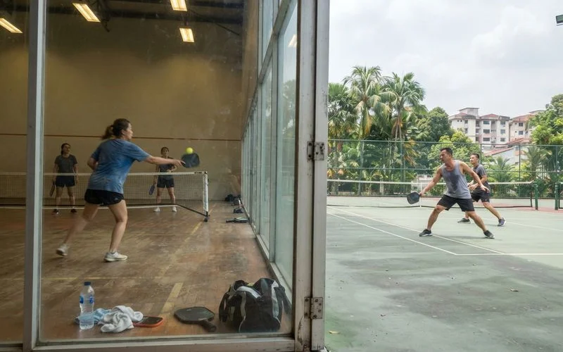 Pickleball players comparing an indoor air-conditioned court and an open-air outdoor court side by side