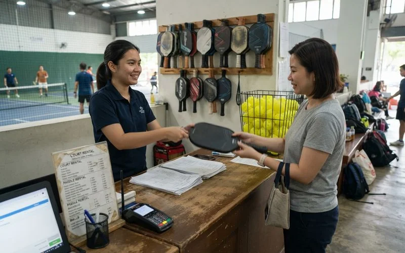 A first-time player being handed a rental paddle at a pickleball court reception counter in Kuala Lumpur