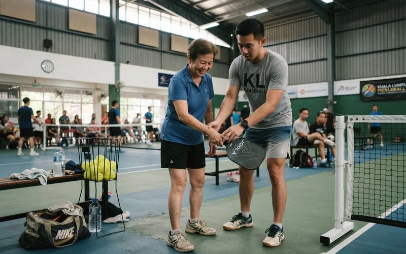 An older adult player practicing a shot on a pickleball court with a coach nearby offering guidance