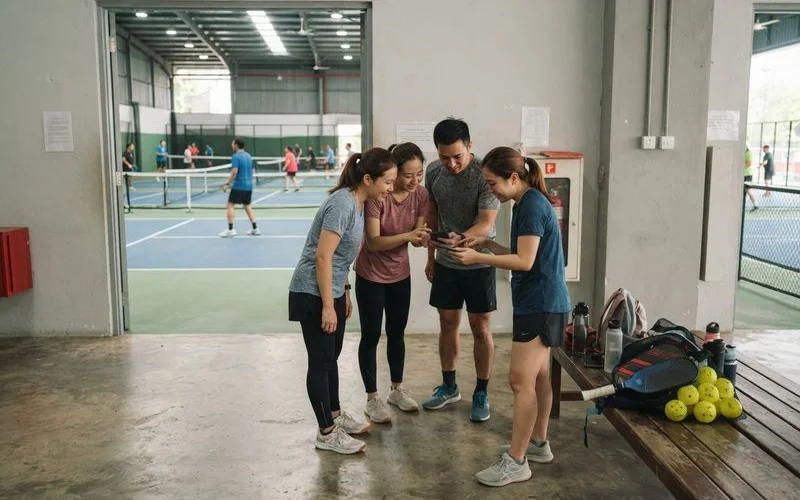 A group of players splitting the cost of a pickleball court booking while checking in at the front desk