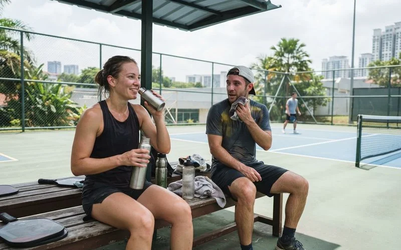 A player pausing for a water break during an outdoor pickleball session in the heat